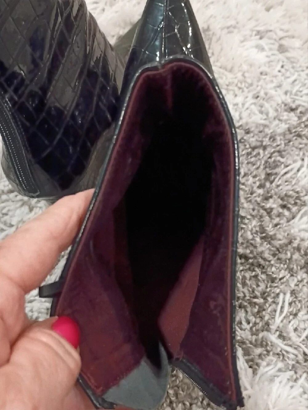 H&M Black Croc-Embossed Pointed Ankle Booties with Burgundy Lining